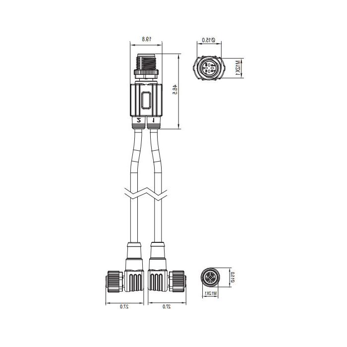 M12 4Pin male /2M12 3Pin female 90°, LED light, Y-shaped pre-cast PVC non-flexible cable, grey sheathing, 64D443-XXX